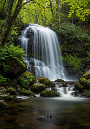 Waterfall flows over rocks in forest, surrounded by moss, ferns, and trees, creating serene natural landscapeの写真素材