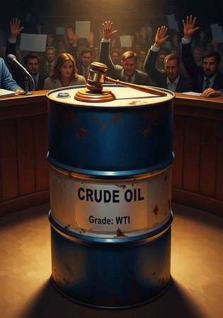 A large crude oil barrel with a gavel on top in a courtroom with people raising hands and holding papersの写真素材