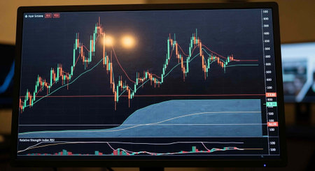 Computer monitor shows stock market graph with green, red, and white lines on dark background
