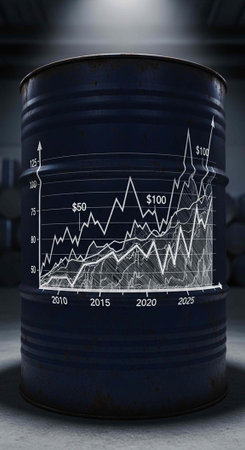 A large dark blue barrel with a white line graph showing dollar amounts in a dimly lit room