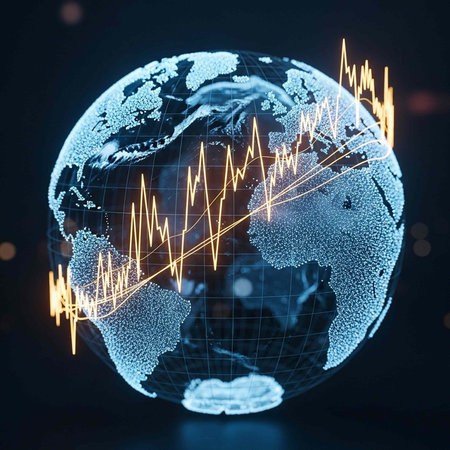A digital globe with blue continents and yellow line graphs on a dark background
