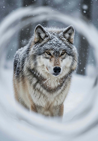 Wolf with gray, white, and brown fur covered in snow looks directly ahead with intense gaze