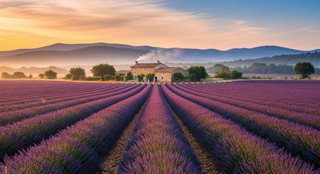 Vibrant purple lavender rows in a vast field with a house, trees, and mountains at sunset