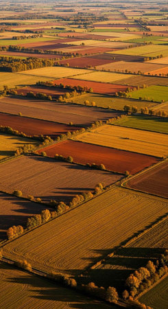 Patchwork fields of various colors with trees lining the edges under a warm sunlightの写真素材