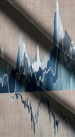Beige fabric with layered blue and white graph designs and diagonal shadows