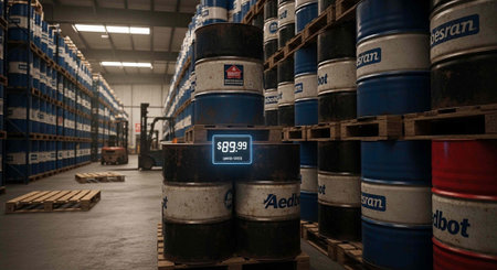 Rows of stacked barrels in a warehouse with a digital displayの写真素材
