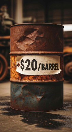 Close-up of a rusty oil barrel with a white price label in a dark industrial environmentの写真素材
