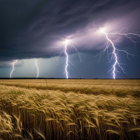 Electric storm with multiple lightning bolts over a vast golden wheat field