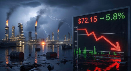 Oil refinery with smokestacks and pollution at dusk, stormy weather, and a declining stock market graph displayの写真素材