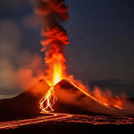 Volcano erupting at night with lava flows, smoke, and ash under a starry night sky