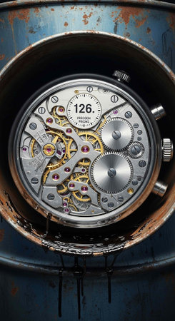 Detailed view of a watch's inner workings with silver, gold, and red components in a weathered metal...