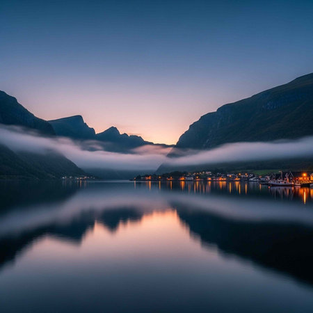 Peaceful lake scene with mountains, fog, and village lights at sunset