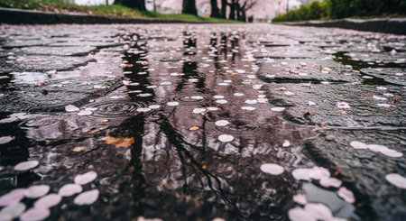 Close-up of wet cobblestones with scattered leaves and puddles reflecting trees and sky on a rainy...