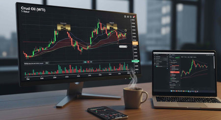 Modern office setup with desktop computer and laptop showing financial data, graphs, and charts on...