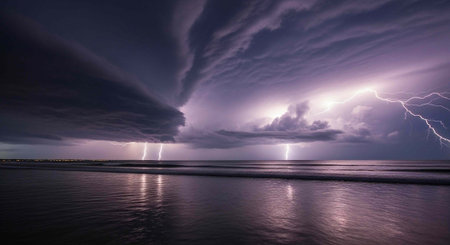 Dark storm clouds with lightning over ocean, reflecting on water surface at night