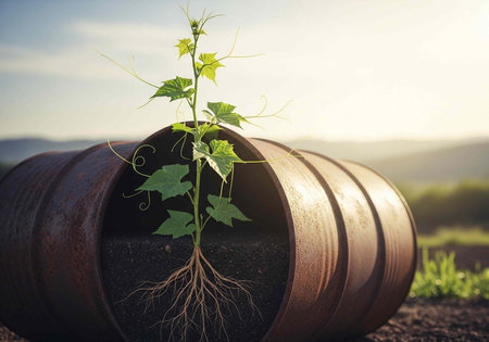 A small plant with green leaves and roots sprouts from a cut rusty barrel in a field.の写真素材