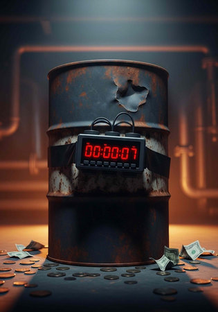 Rusted barrel with timer and scattered cash on floor in industrial setting with pipes