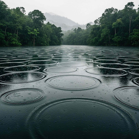 Calm water with concentric circular ripples, surrounded by dense forest and misty hills on a gloomy...