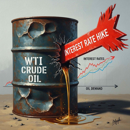 A rusty oil barrel with cracks and spilling crude oil, with a graph and banner