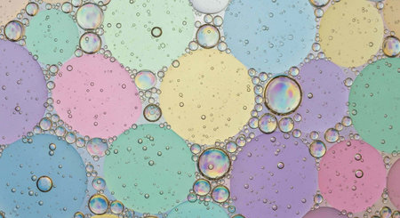 Colorful oil bubbles and droplets on pastel colored background, forming a unique visual effect