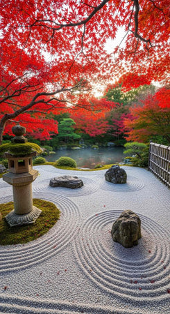 Peaceful Zen garden with raked gravel, mossy stone lantern, and vibrant red maple trees surrounding a tranquil pondの写真素材