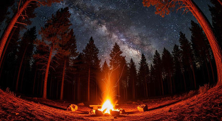 Peaceful forest clearing with campfire, surrounded by tall trees and a starry night sky