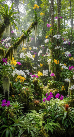 Dense rainforest with white, yellow, pink, and purple orchids, surrounded by green plants and moss