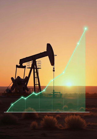 Oil pump jack in desert at sunset with green graph overlay indicating growth trend