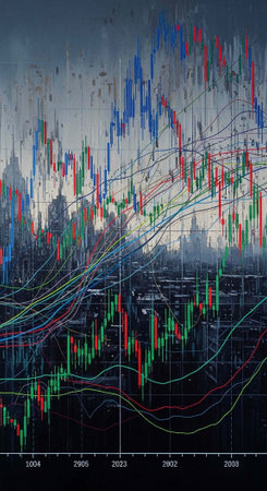 Multicolored financial chart with rising and falling trends overlaid on a blurred city skyline