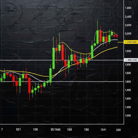 Financial graph with green and red bars, yellow and white trend lines on a dark grid