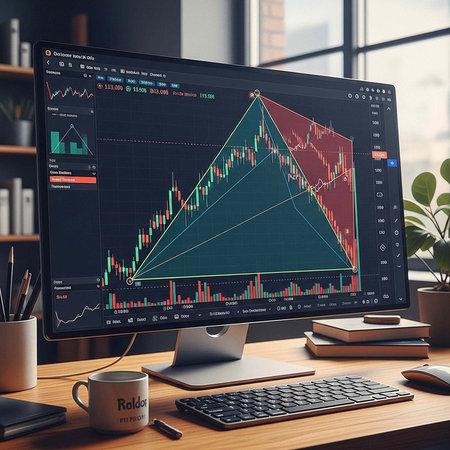 Computer monitor displays stock market graphs and charts on desk with office supplies and plants