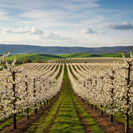 Lush orchard with white blossoming trees, green grass, and rolling hills under a blue sky