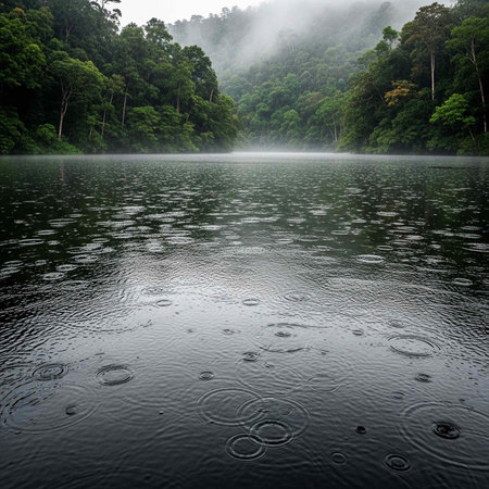 Calm lake with ripples from raindrops, dense forest in background, and misty fog risingの写真素材