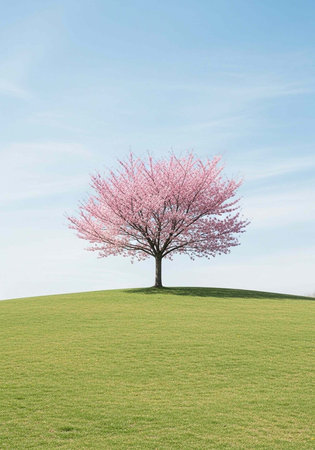 A solitary tree with pink blossoms on a grassy hill with a blue sky background.