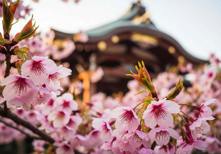 Pink cherry blossoms with dark pink centers and green leaves in front of Asian temple