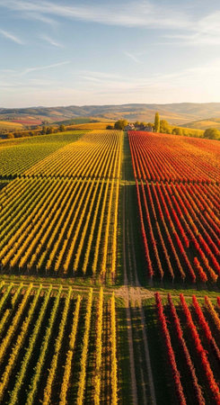 Colorful vineyard rows stretch towards rolling hills under a blue sky with wispy clouds in autumn