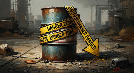 A rusty metal barrel wrapped with yellow danger zone tape in a desolate, rubble-strewn industrial...