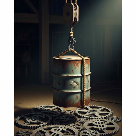 A rusty metal barrel hangs from a rope, surrounded by gears in a dark roomの写真素材