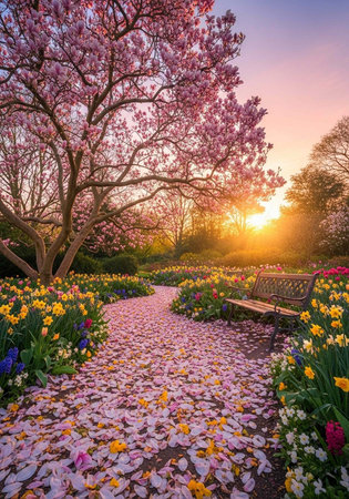 Colorful garden with cherry tree, flowers, and bench at sunset