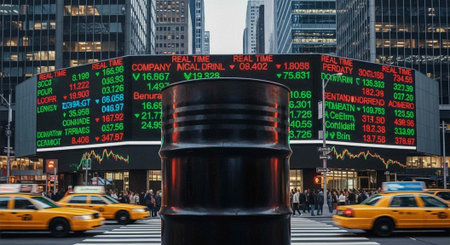 Large oil barrel in city street, electronic stock board, yellow taxis, skyscrapers, busy street...