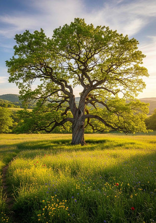 Large tree with green leaves and sprawling branches in a sunny green meadow with wildflowers