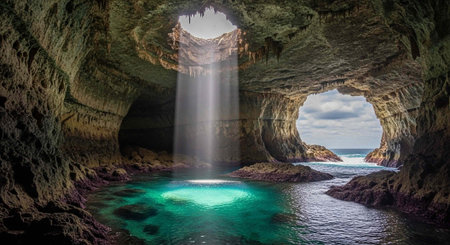 Turquoise pool in cave with sunlight beam, rocky formations, and ocean view through archway