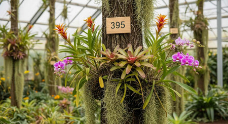 Colorful plants with pink and orange flowers on mossy tree trunk in a greenhouse setting