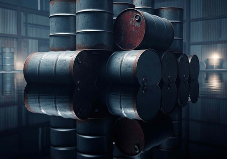 Dark metal barrels stacked in rows within a dimly lit industrial warehouse with reflective floorの写真素材