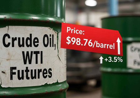 Close-up of green oil barrel with label and red price increase graphic in industrial settingの写真素材