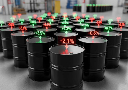 Rows of black oil barrels with colorful percentage labels on top in a gray industrial warehouse...