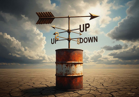 Weather vane on rusty barrel in arid landscape with clouds and sun