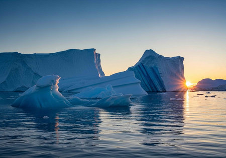Serene landscape of large icebergs in ocean at sunset with clear blue sky and calm waters reflecting...