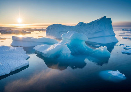 Icebergs float in calm waters under a clear sky during sunrise or sunset with a serene atmosphere