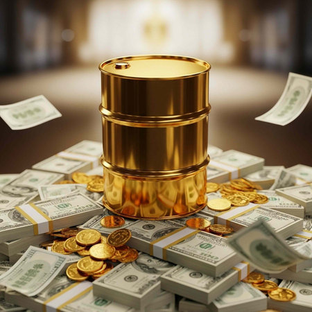 A shiny gold oil barrel sits atop a pile of cash and gold coins in a wealthy environmentの写真素材